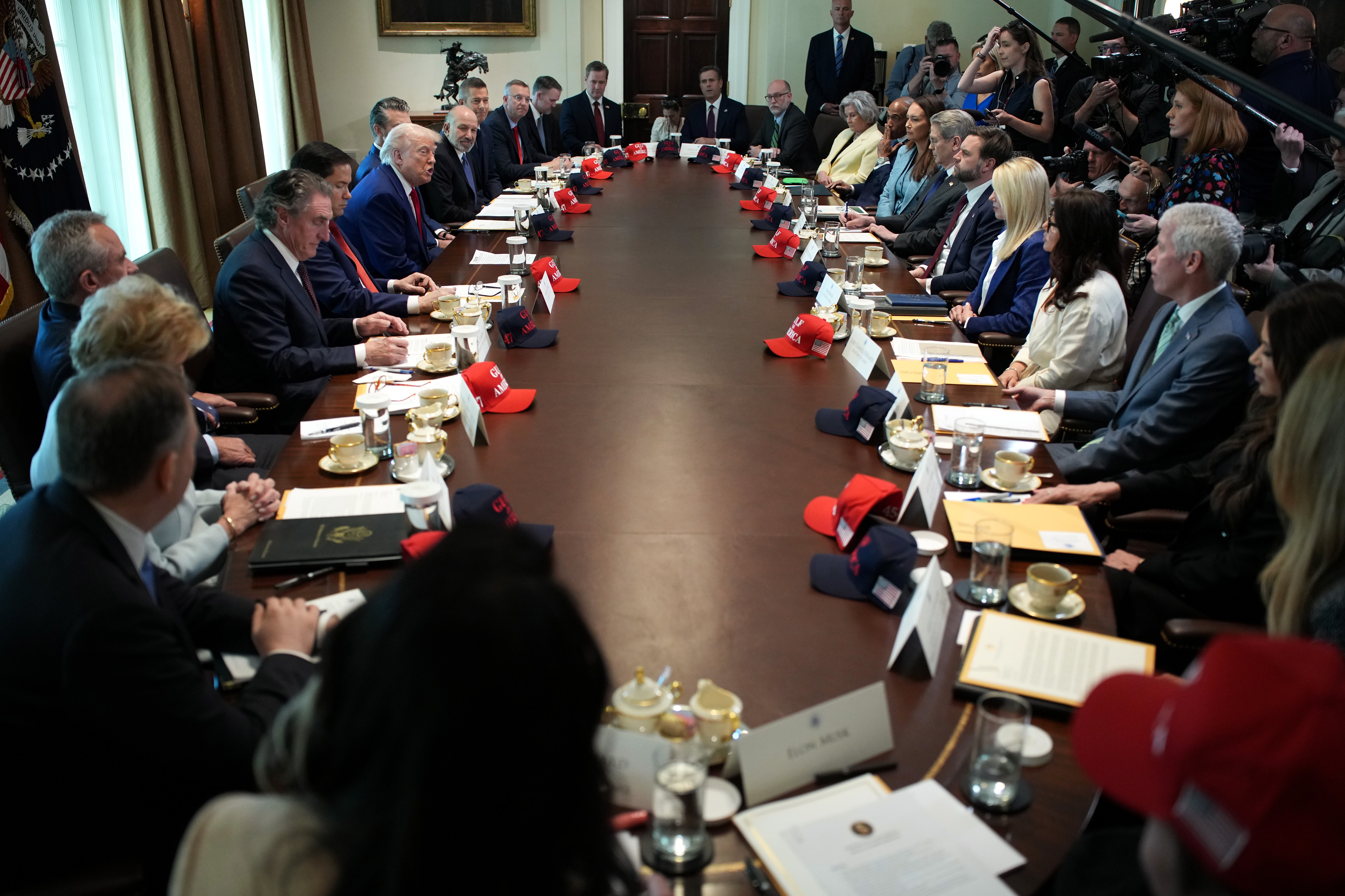 President Donald Trump speaks during a Cabinet meeting at the White House on April 30, 2025, convened to mark his first 100 days in office