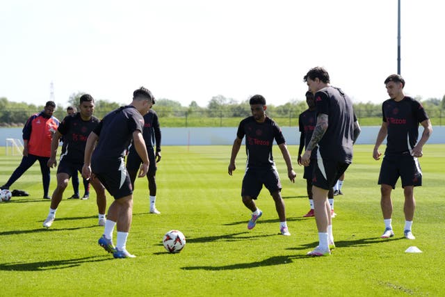 Amad Diallo (centre) trains with Manchester United on Wednesday (Nick Potts/PA).