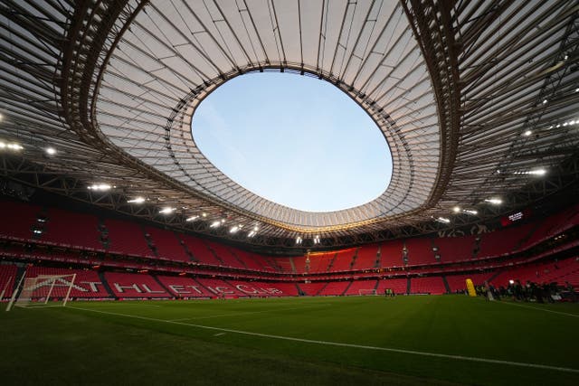 <p> General view inside the stadium prior to the LaLiga Santander match between Athletic Club and Sevilla FC at San Mames Stadium on April 27, 2023 in Bilbao, Spain.</p>