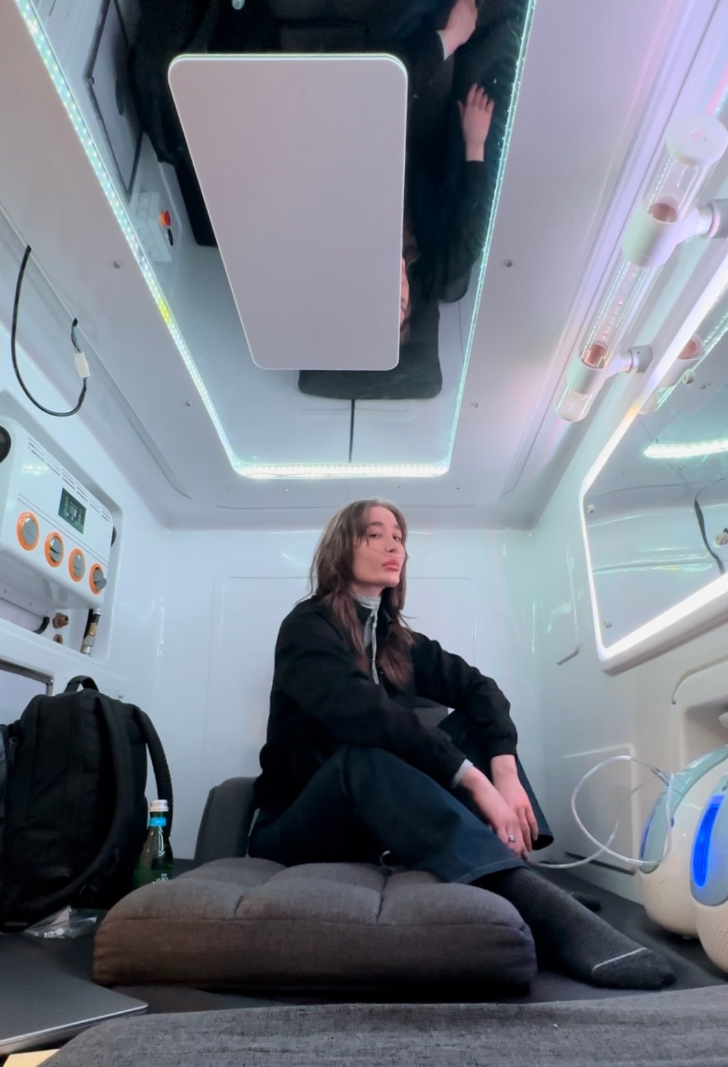 Kayla Barnes inside her hyperbaric oxygen chamber