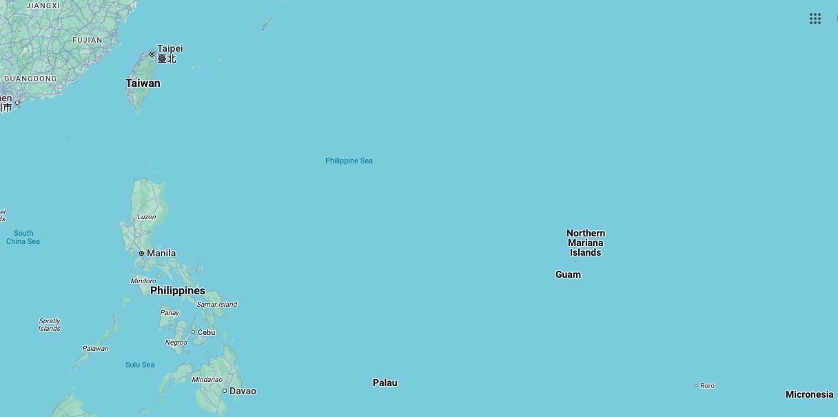 Palau, at the bottom centre of the map, is a tiny island east of the Philippines