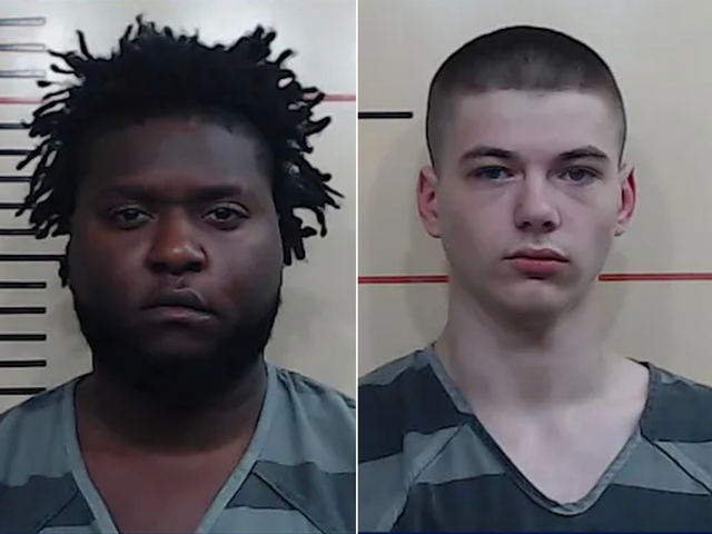 <p>Trin Lawrence McKnight (left) and Barrett Copeland (right) are accused of killing three people during a robbery</p>