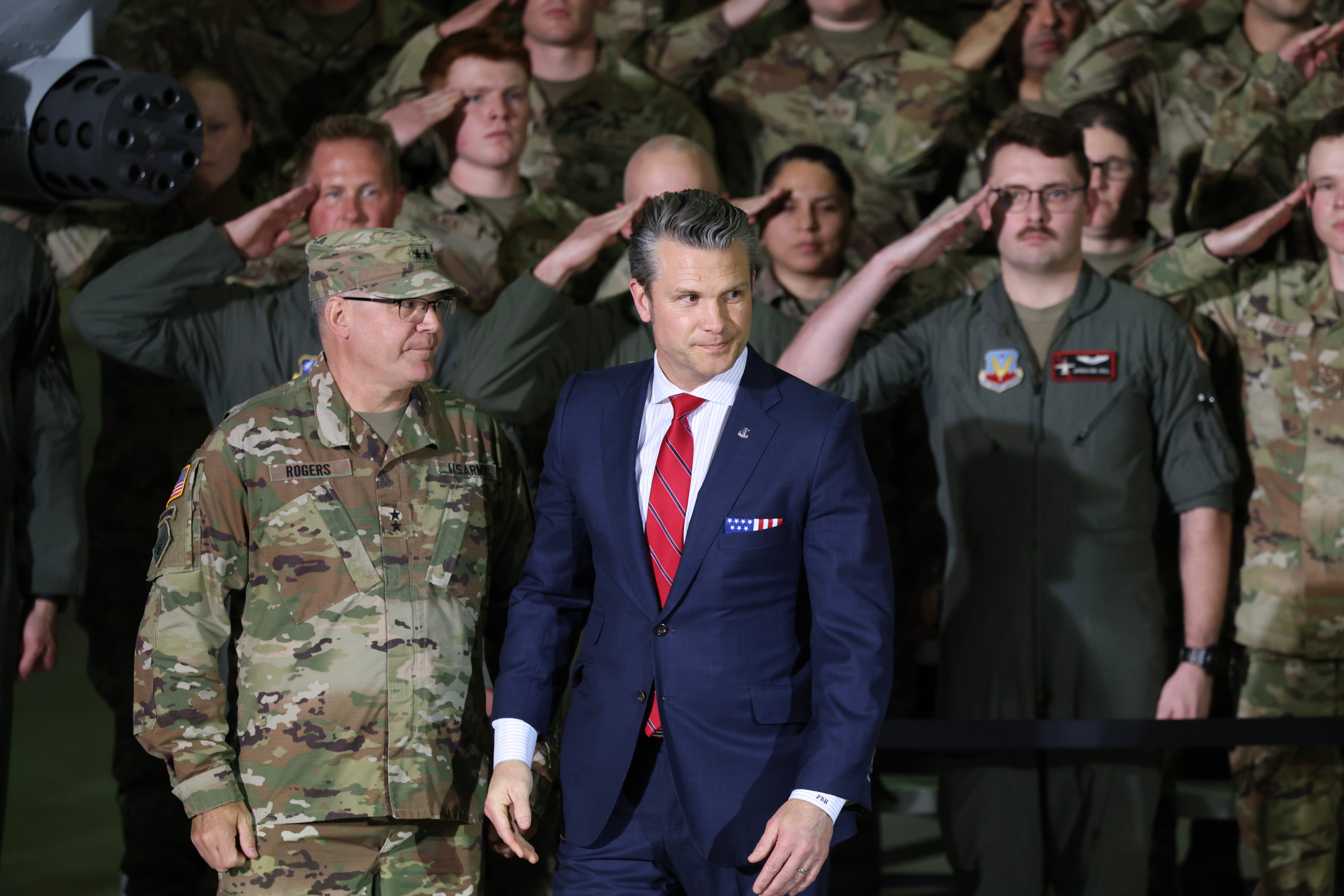 Critics accuse Defense Secretary Pete Hegseth (center) and President Trump of pushing to censor ideas being taught at the nation’s elite military service academies as part of their campaign to eliminate ‘gender ideology’ and restore a ‘warrior ethos’ in the military