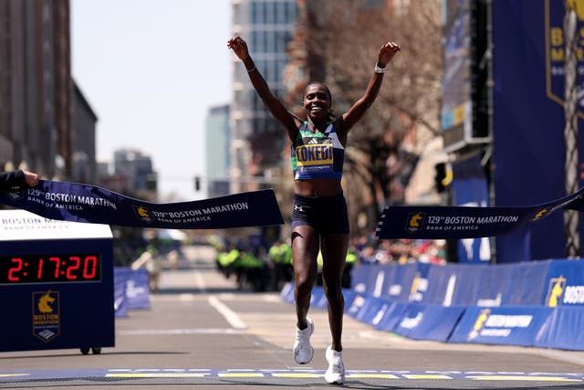 <p>Sharon Lokedi of Kenya crosses the finish line to win the 129th Boston Marathon Women's division on 21 April, 2025</p>