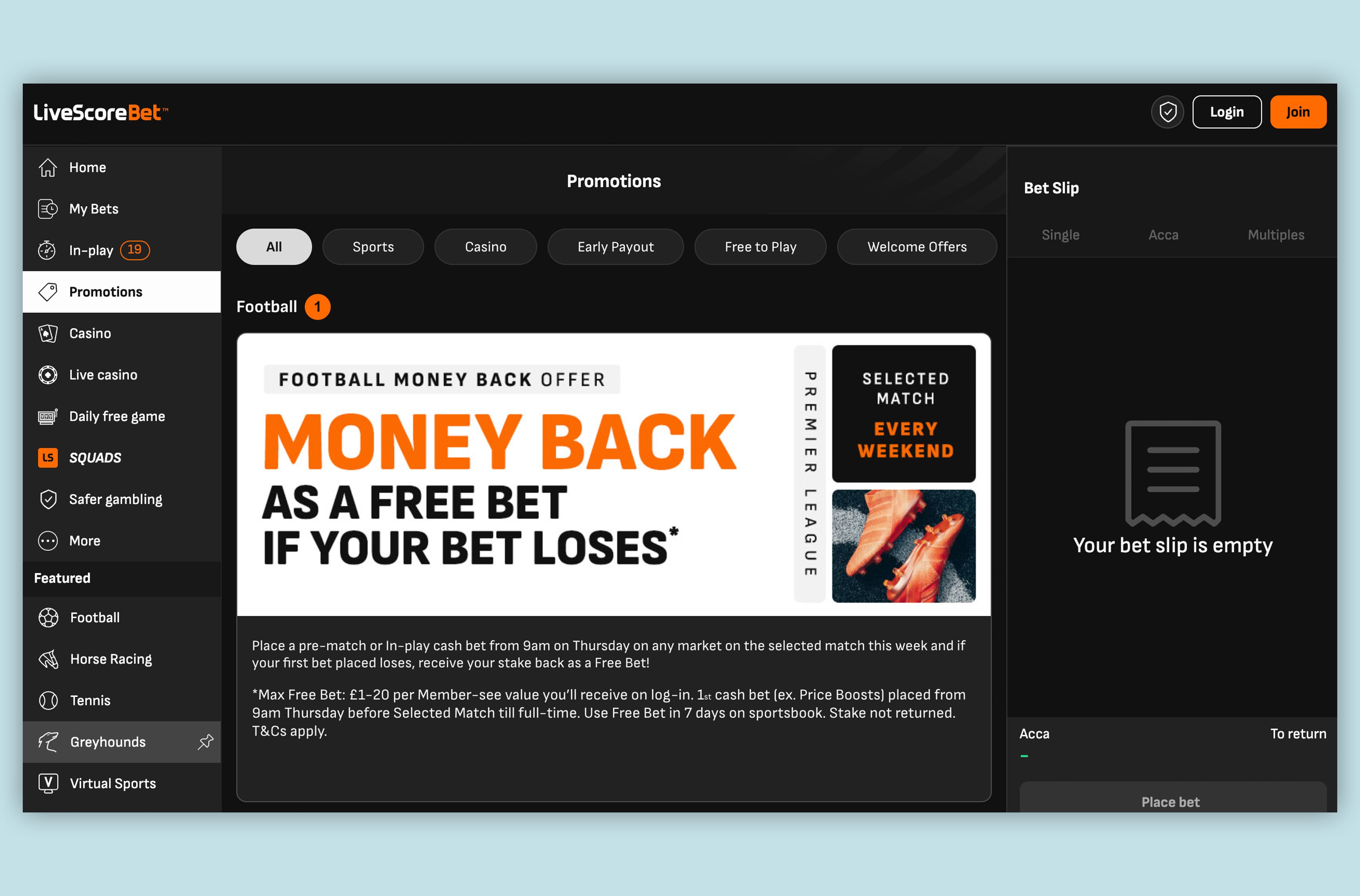 LiveScore Bet offer customers their moneyback if their bets on the Premier League lose.