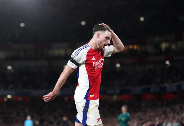 <p>Arsenal's Declan Rice reacts during the UEFA Champions League semi final, first leg match</p>