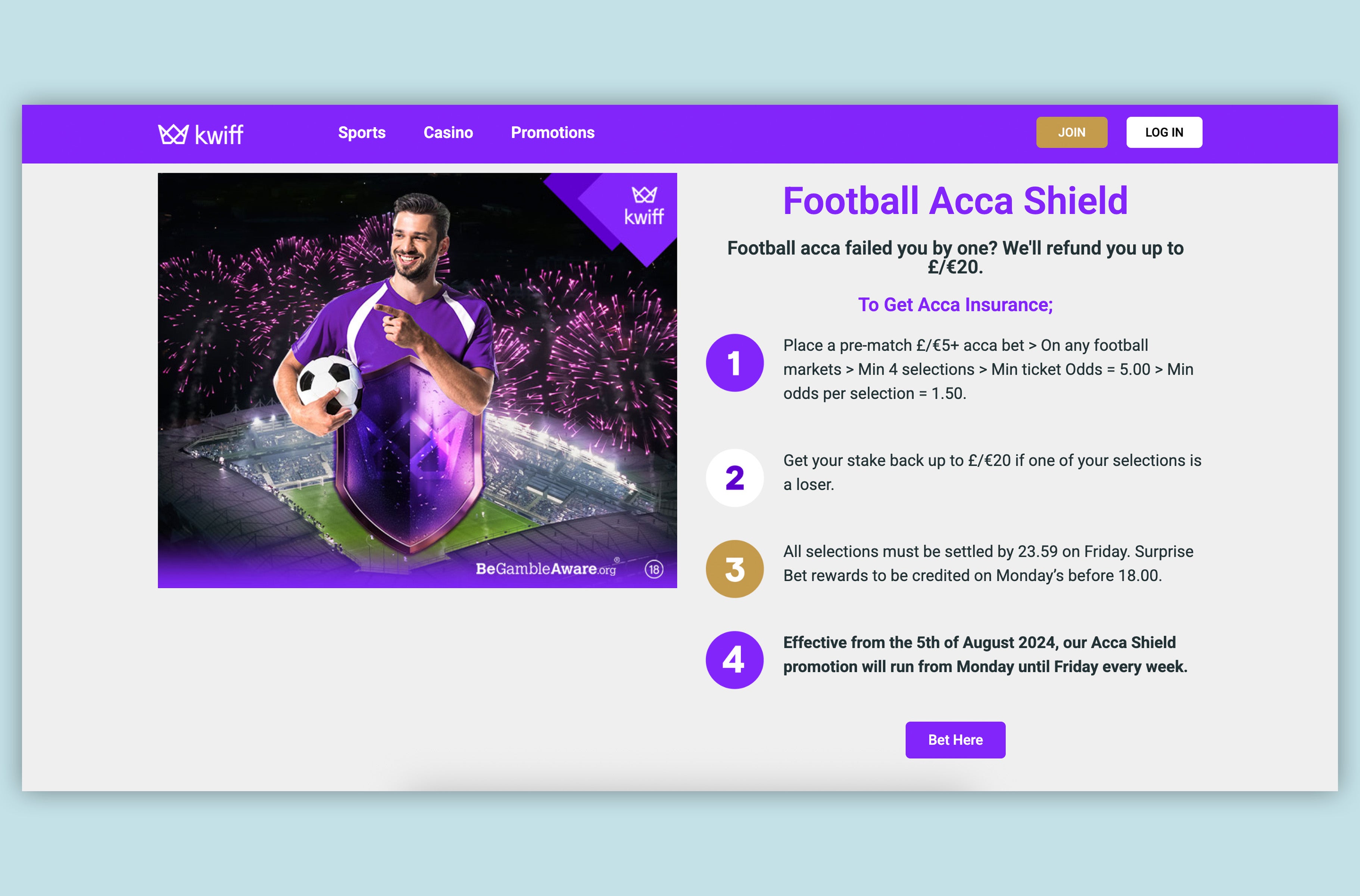 Kwiff offer Acca Shield for football acca bets that offers a free bet refund if one selection fails.