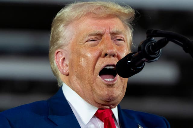 <p>Donald Trump addressing his ‘100 Days’ rally, as the US economy contracts for the first time in three years</p>