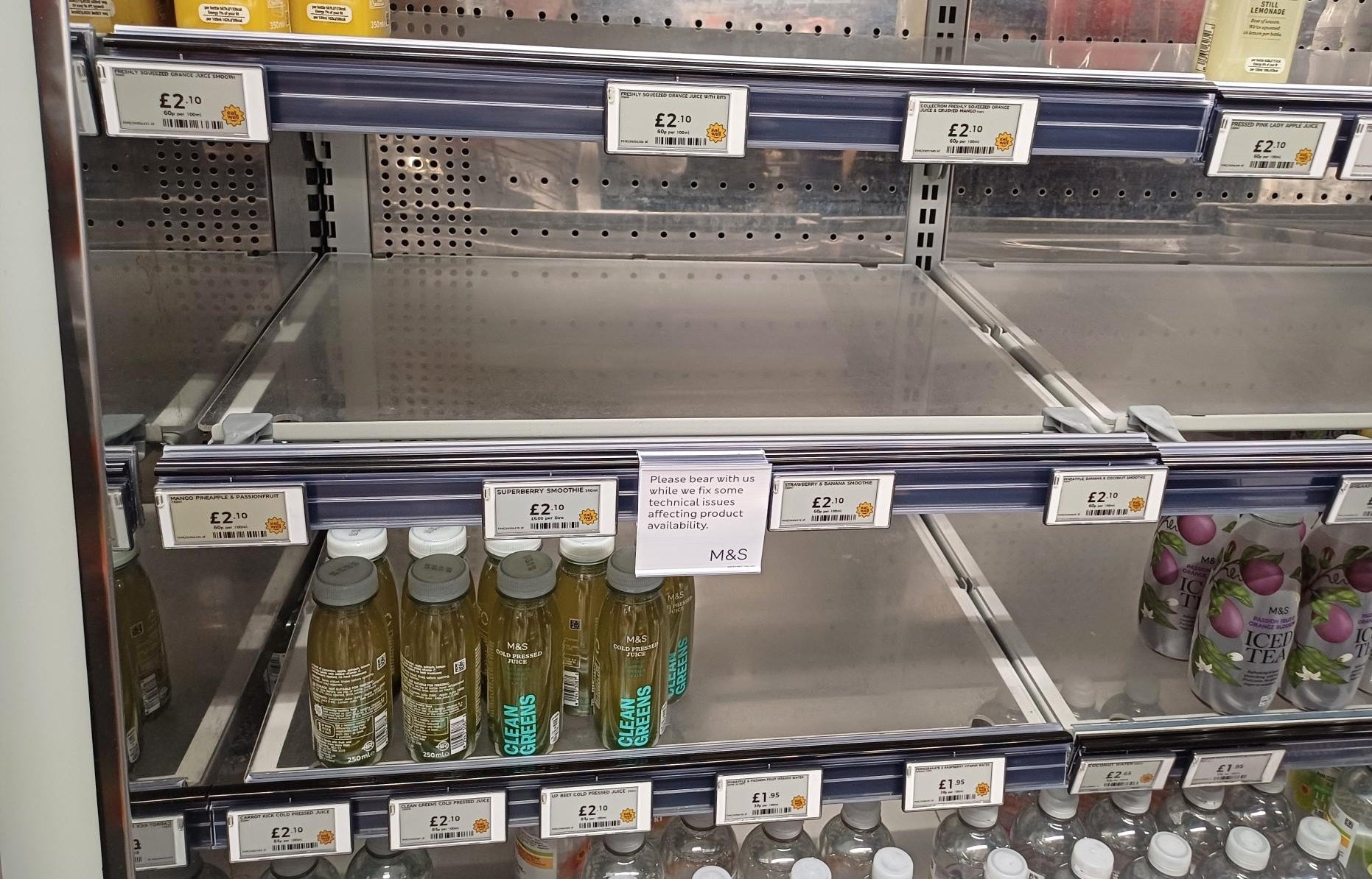 A view of empty shelves inside an Marks & Spencer shop in Paddington, London, as Marks and Spencer has told agency staff at a key logistics site to stay at home as disruption from a cyber attack against the retailer entered a second week