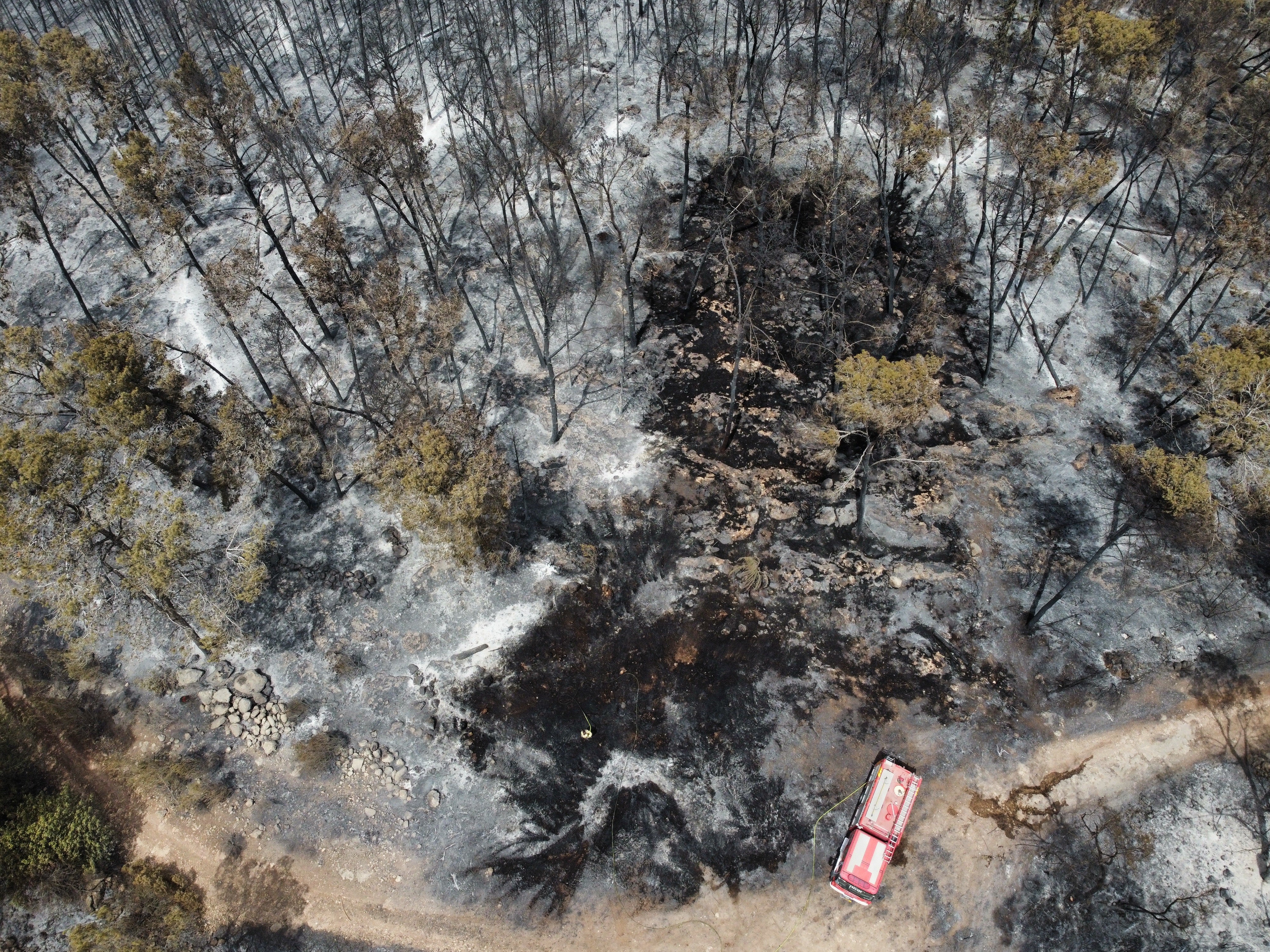 Firefighters work to extinguish a fire burning in the Latrun area, in central Israel, on Thursday