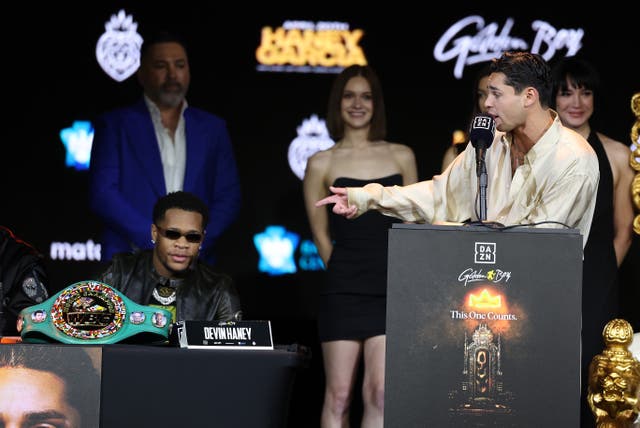 <p>Ryan Garcia (right) and Devin Haney at a previous press conference, in 2024</p>