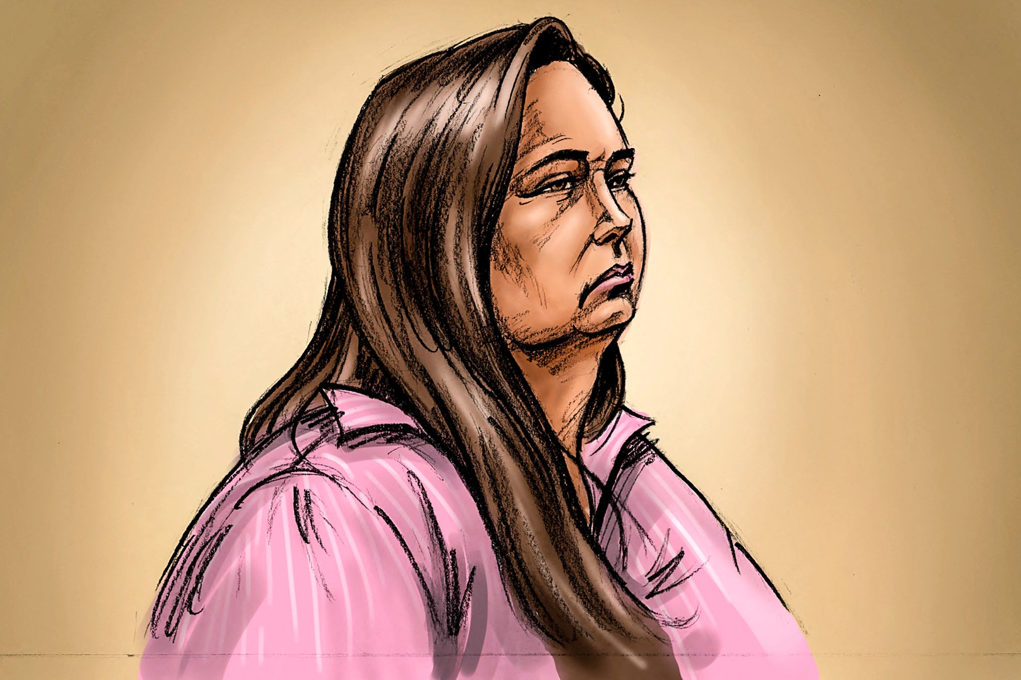 A handout sketch received from the Supreme Court of Victoria on 29 April 2025 shows Erin Patterson, an Australian woman accused of murdering three people with a toxic mushroom-laced beef Wellington, as she faces trial in a case that has grabbed global attention