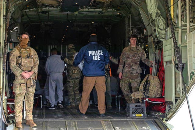 <p>This handout picture courtesy of the U.S. Army shows U.S. Transportation Command supports Immigration and Customs Enforcement deportation flights by providing military airlift, Fort Bliss, Texas, on February 10, 2025. </p>