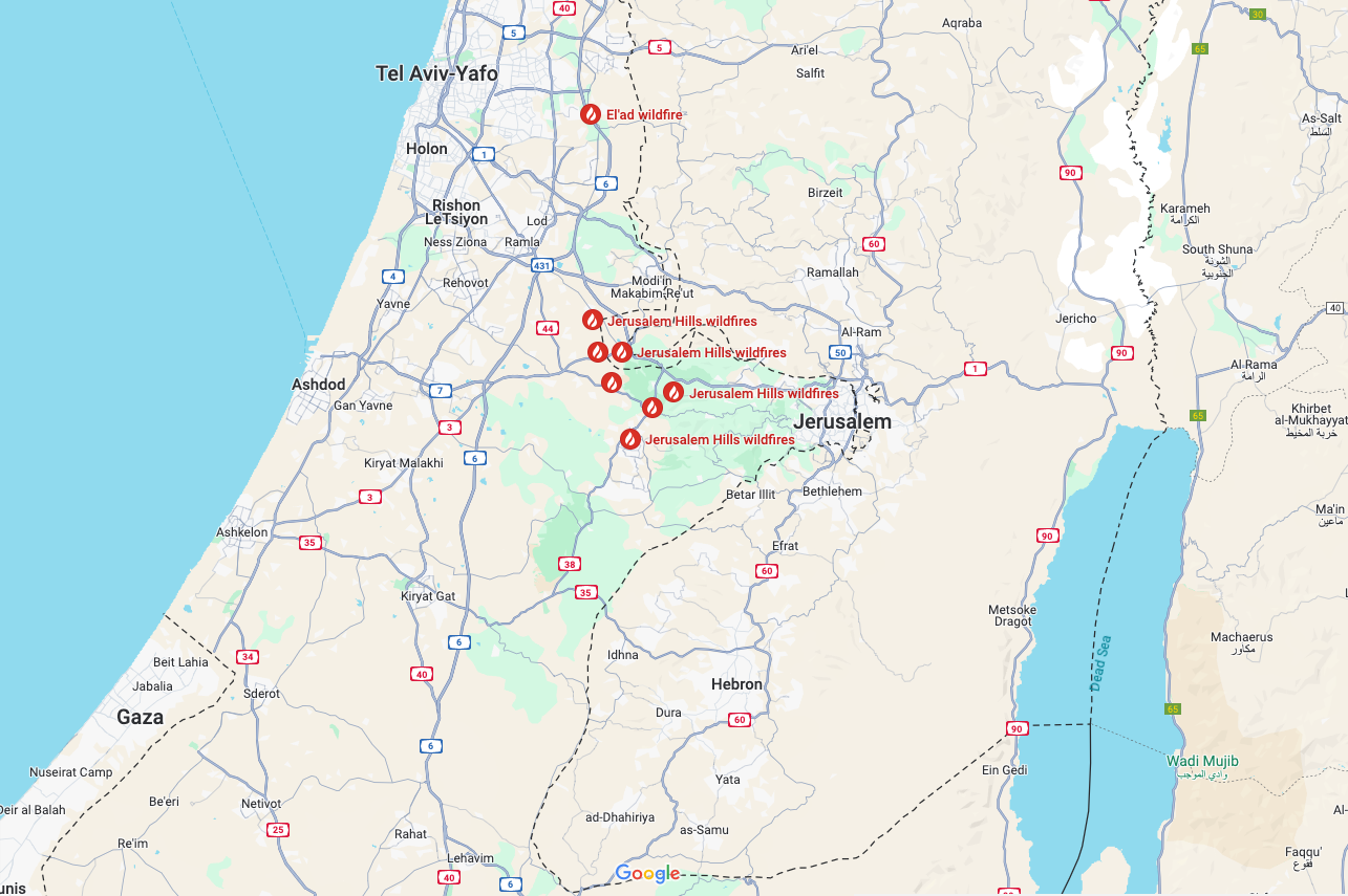 Locations of the wildfires burning in the forest west of Jerusalem, as of Thursday morning (1 May)