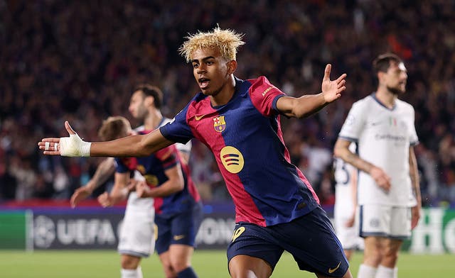 <p>Lamine Yamal celebrates his goal during Barcelona’s 3-3 draw with Inter </p>
