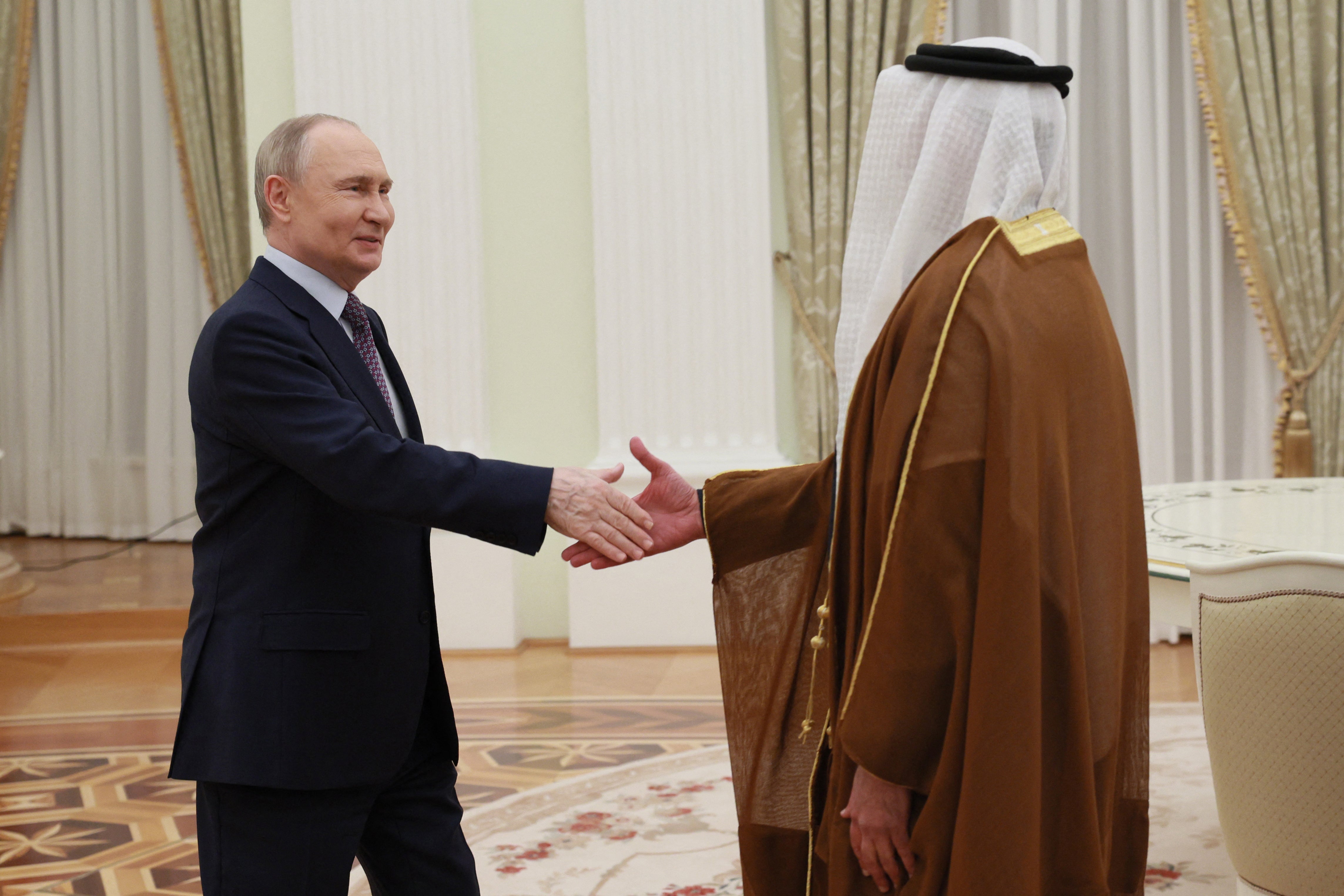 In this pool photograph distributed by Russian state agency Sputnik, Russia's President Vladimir Putin greets the UAE Deputy Prime Minister and Minister of Interior Sheikh Saif bin Zayed al-Nahyan