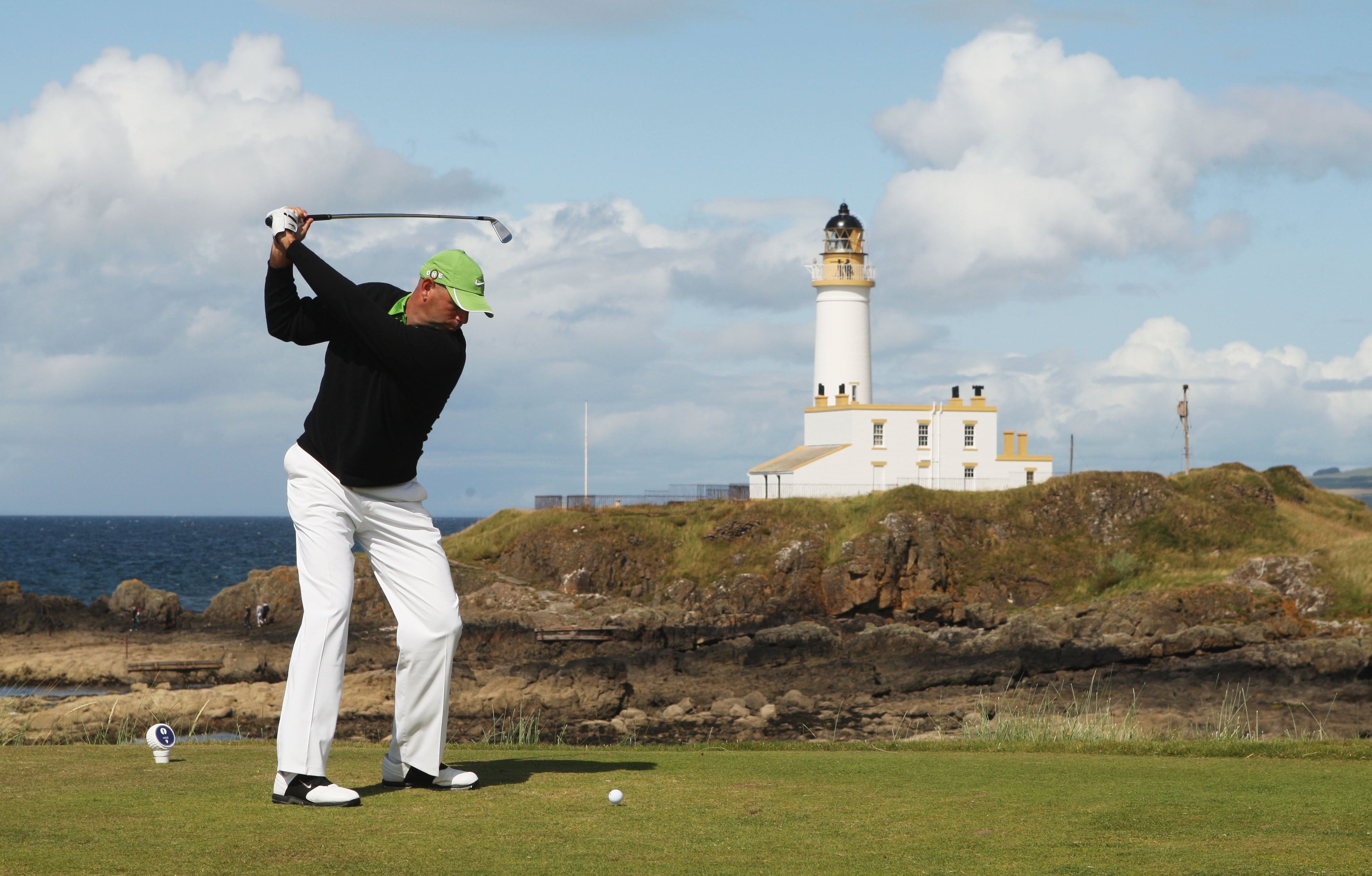 Stewart Cink of USA tees off on the 9th hole during the final round of the 138th Open Championship at Turnberry