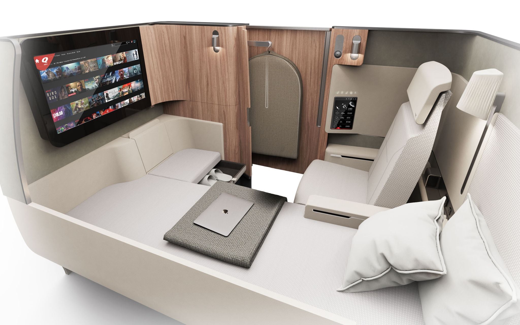 The Qantas Project Sunrise first-class suite features a 6ft 5in flat bed and a separate armchair