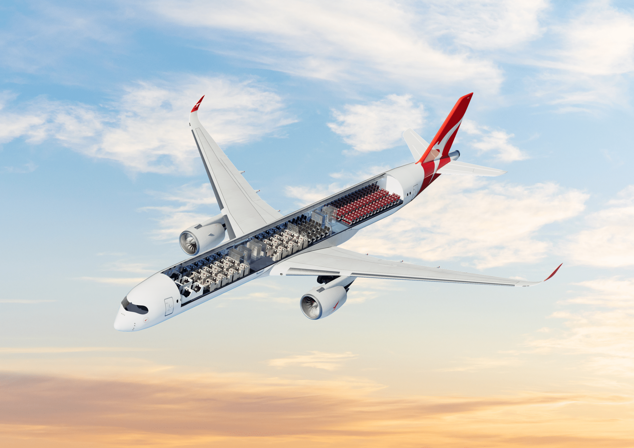 A cut-away of the Project Sunrise Qantas A350