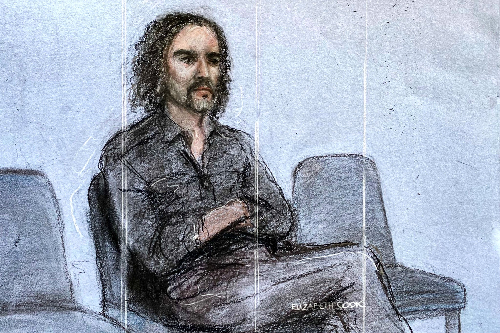 Court artist drawing by Elizabeth Cook of Russell Brand previously appearing at Westminster Magistrates' Court, London, where he is charged with with one count each of rape, indecent assault and oral rape, as well as two counts of sexual assault, relating to four separate women