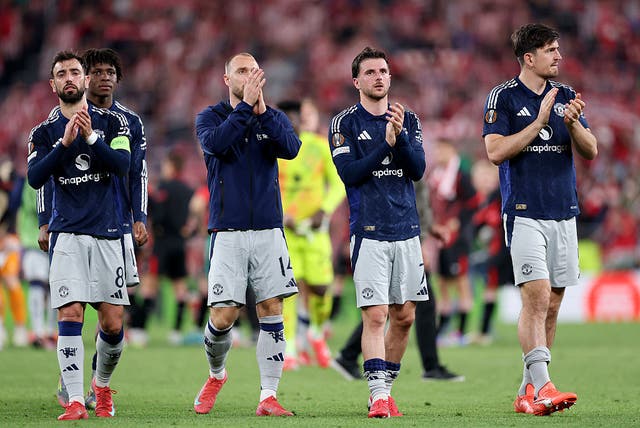 <p>Where’s that timetable? Manchester United after winning the first leg of their match against Athletic Bilbao</p>