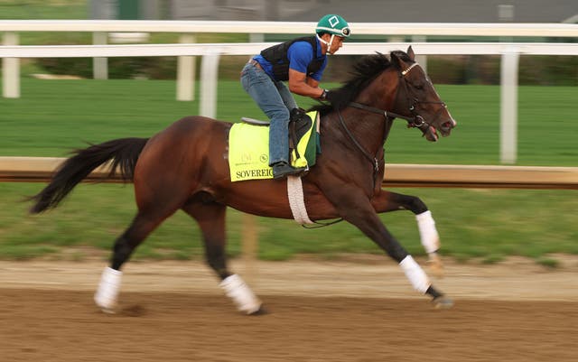 <p> Sovereignty runs on the track during the morning training in preparation for the 151th Kentucky Derby at Churchill Downs</p>
