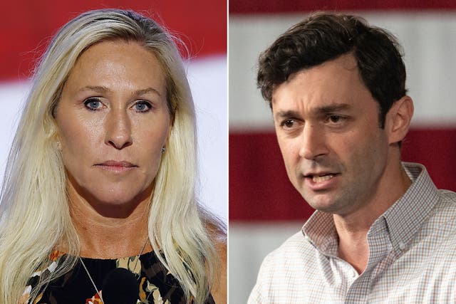 <p>Marjorie Taylor Greene (left) is considering a run for the Senate. But a new poll reveals she’s dead last among four potential GOP challengers for Senator Jon Ossoff’s seat</p>