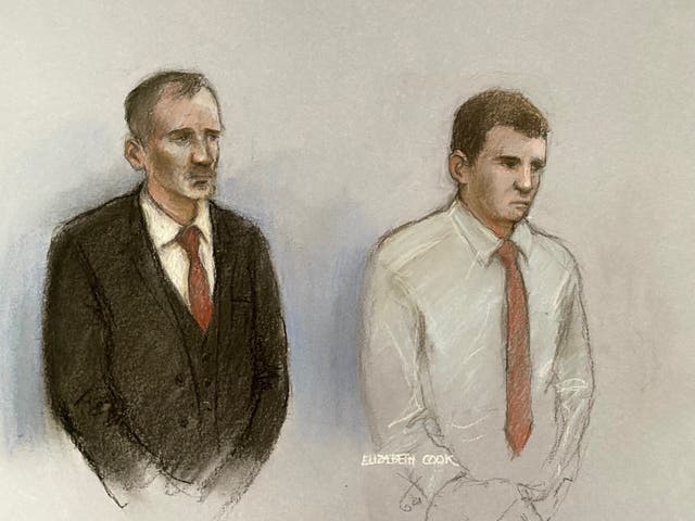 <p>Daniel Graham and Adam Carruthers appearing in the dock at Newcastle Magistrates’ Court (Elizabeth Cook/PA)</p>