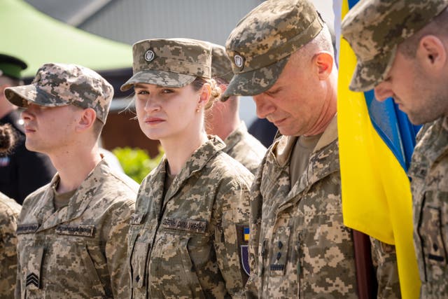 <p>Members of the Ukrainian armed forces taking part in a procession rehearsal in preparation for Monday’s VE Day 80th Anniversary, at Army Training Centre Pirbright in Woking, Surrey</p>