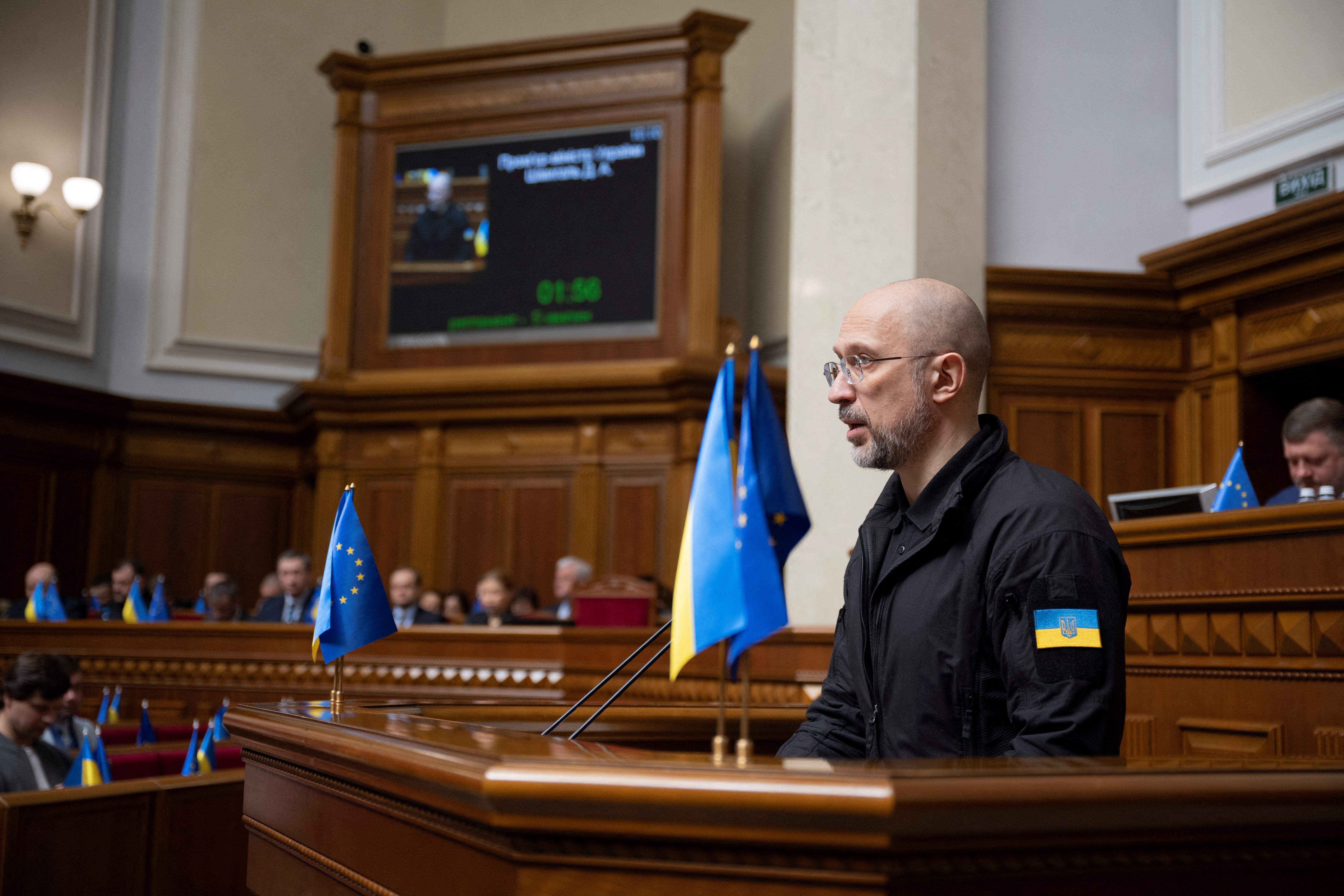 Ukrainian prime minister Denys Shmyhal, who said the minerals deal would boost air defences, at the country’s parliament, where a vote to ratify the deal will be held next week