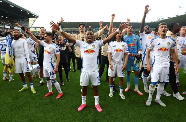 <p>Daniel Farke’s Leeds United celebrate winning the Championship</p>