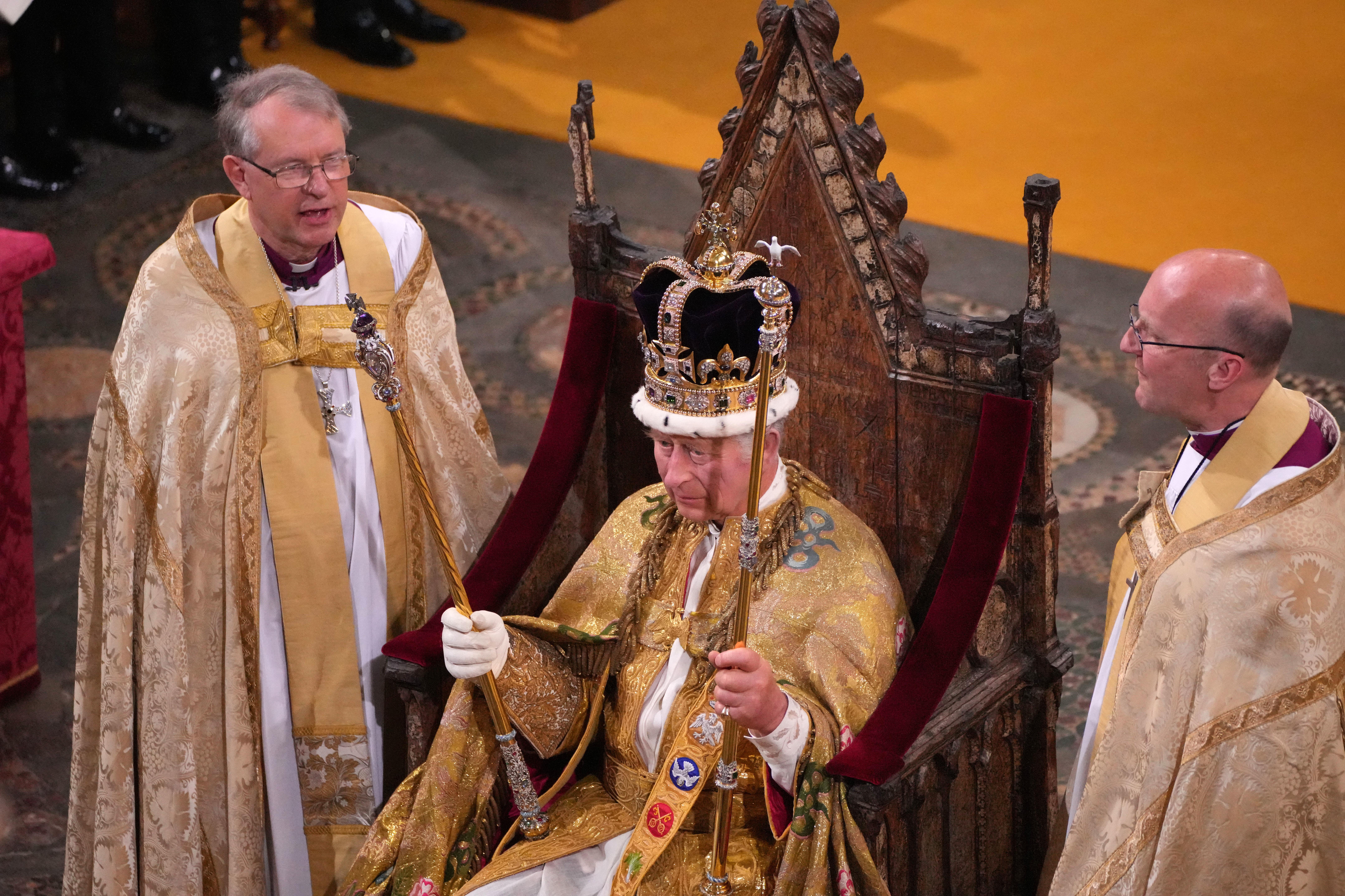 File photo dated 06/05/23 of King Charles III after being crowned with St Edward’s Crown during his coronation ceremony in Westminster Abbey (PA)