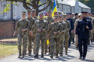 Military personnel from Ukraine rehearse to join British Armed Forces for the military procession on Monday celebrating the 80th anniversary of Victory in Europe (VE) Day