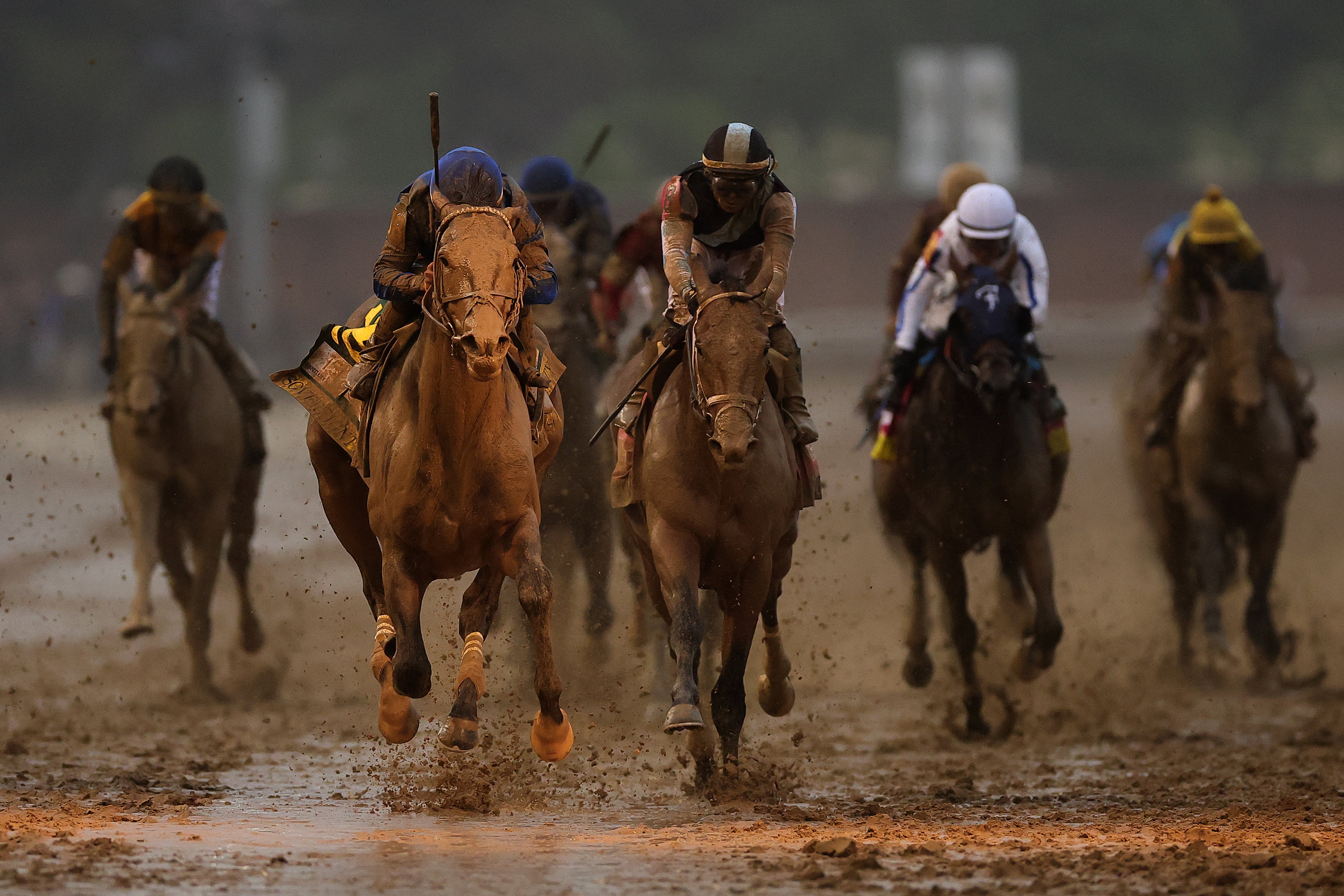 Sovereignty #18, ridden by jockey Junior Alvarado crosses the finish line to win the 151st running of the Kentucky Derby at Churchill Downs on May 03, 2025 in Louisville, Kentucky.