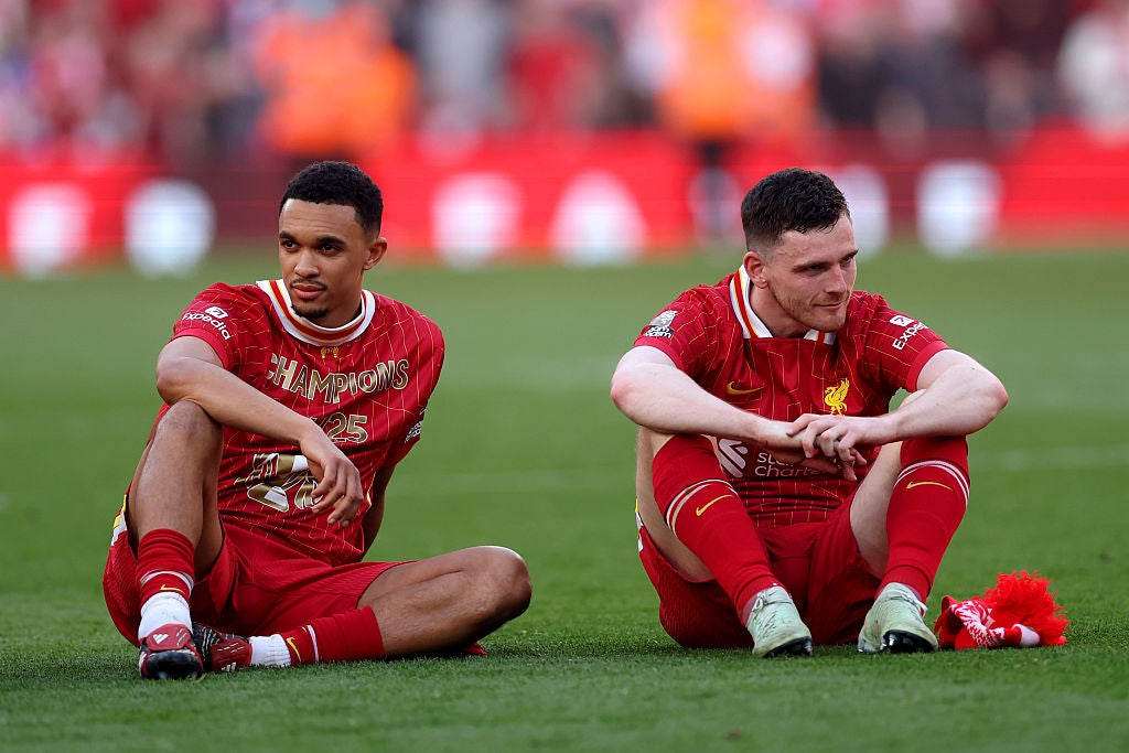 Alexander-Arnold and Robertson take in Liverpool’s celebrations after winning a second Premier League title in five years