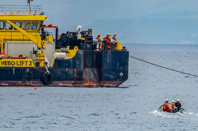 <p>The multi-purpose floating work barge Hebo Lift 2 monitors the stretch of sea off Porticello, near Palermo, Sicily, Italy, Sunday, May 4, 2025, where the British superyacht Bayesian sunk on August 19, 2024 as the operations for its recovery start. (AP Photo/Salvatore Cavalli)</p>