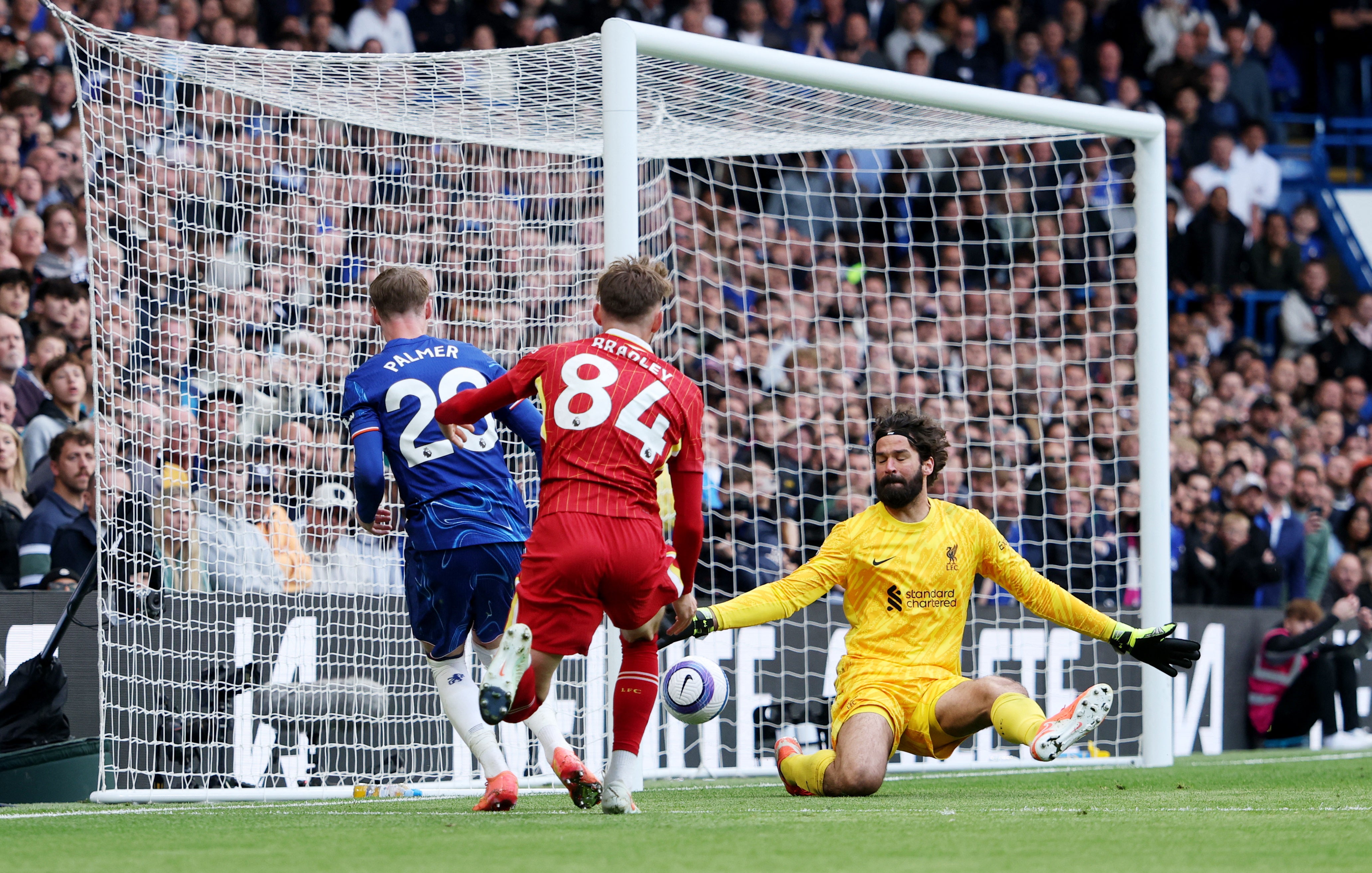 Palmer was close to a sensational goal as he looked to beat Alisson at his near post