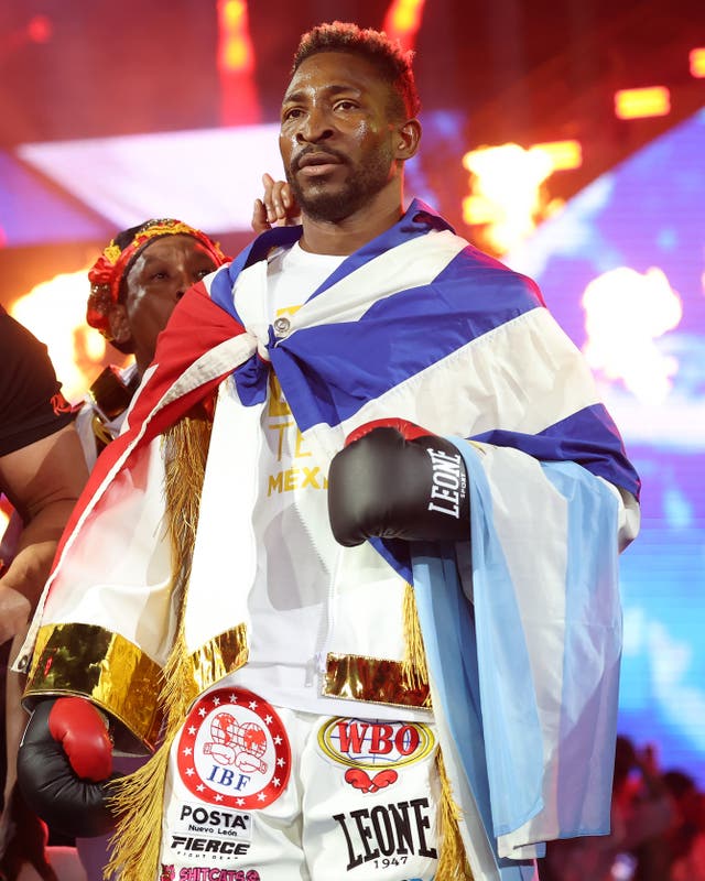 <p>William Scull on his way to the ring in Riyadh</p>