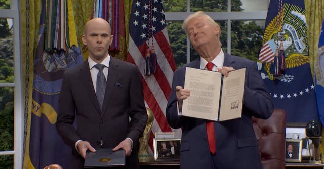 <p>James Austin Johnson as President Donald Trump and Mikey Day as Stephen Miller</p>
