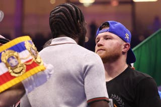 Canelo Alvarez (right) stared down Terence Crawford in May, with the pair primed to meet in September