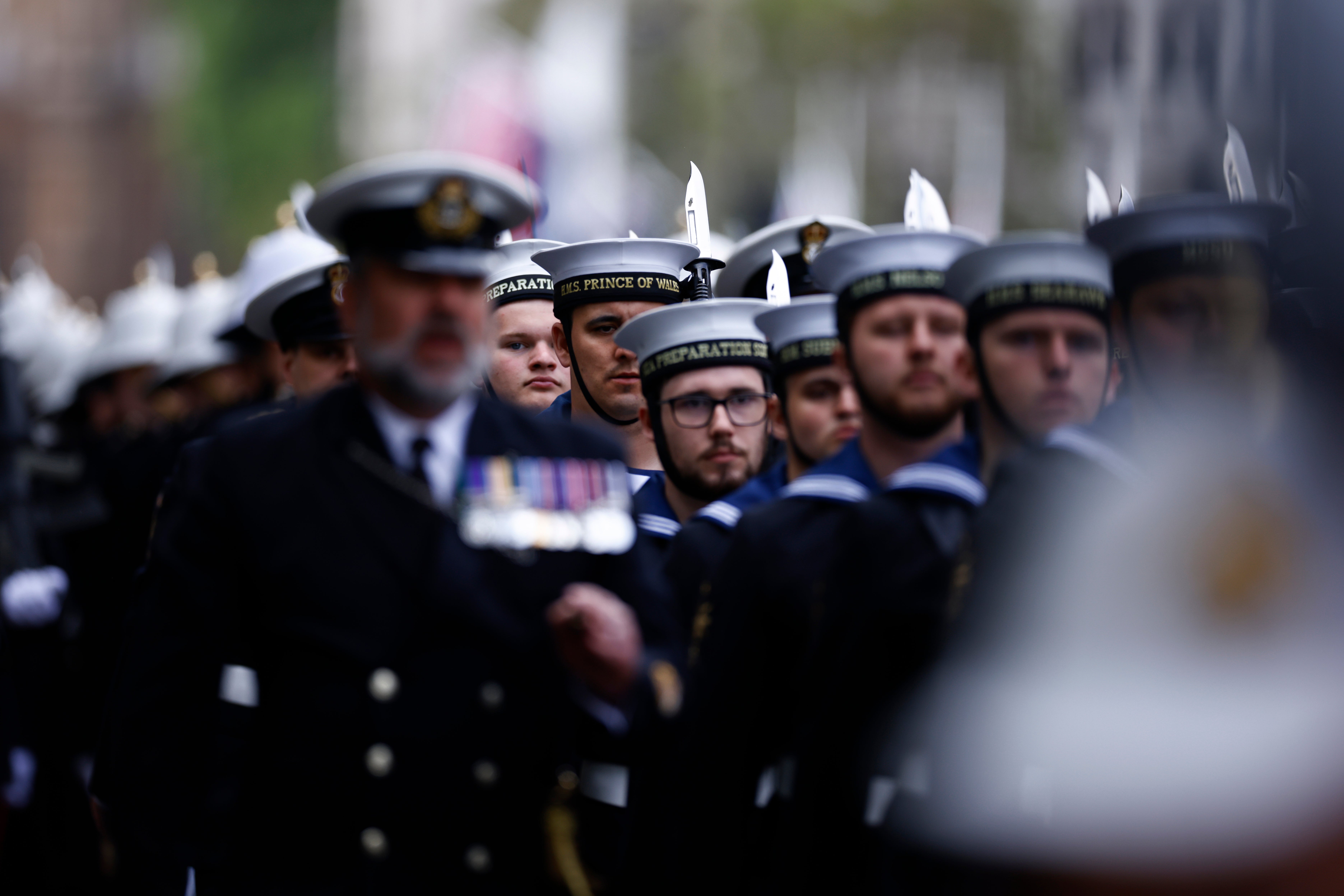Members of the Royal Navy take part in a military procession to mark VE Day last month