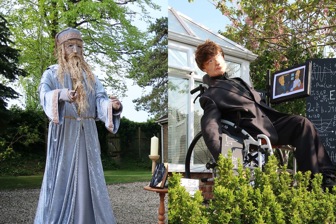 (from left to right) Dumbledore and Stehen Hawking scarecrows (Richard Hawkins and Urchfont Scarecrow Festival Charity/PA)