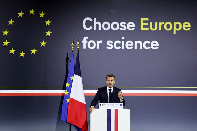 <p>French President Emmanuel Macron delivers his speech at the ‘Choose Europe for Science’ event, to encourage researchers and scientists from all over the world to practice in Europe, at the Sorbonne University in Paris, Monday, May 5, 2025.(Gonzalo Fuentes/Pool via AP) Science</p>