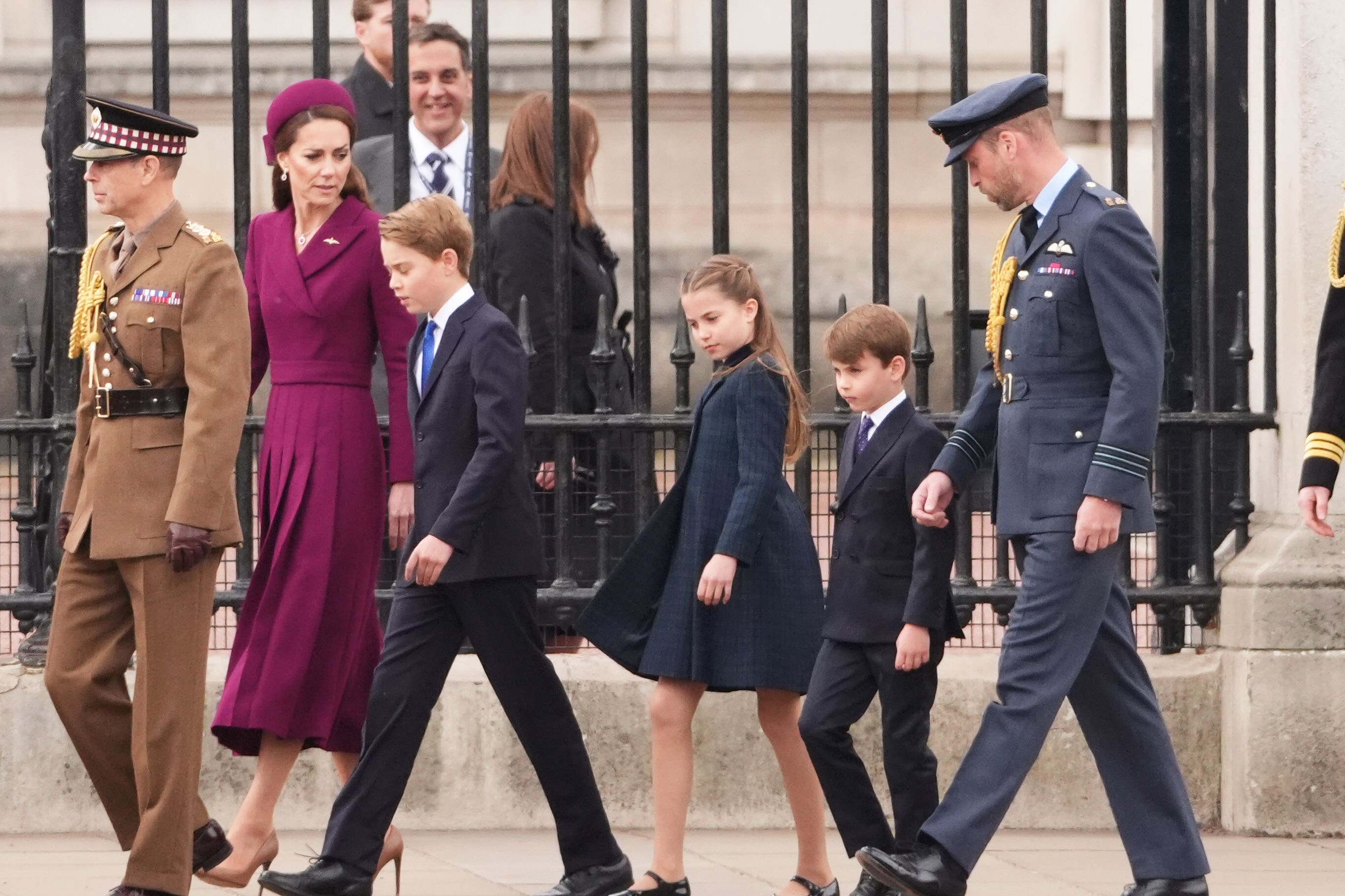 (left-right) the Duke of Edinburgh, the Princess of Wales, Prince George, Princess Charlotte, Prince Louis and the Prince of Wales, arrive ahead of the military procession for the 80th anniversary of VE Day, at Buckingham Palace in central London (Jonathan Brady/PA)