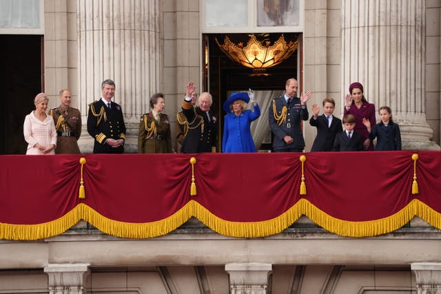 Members of the royal family gather on the Buckingham Palace balcony to observe a flypast to commemorate the 80th anniversary of the end of the Second World War in Europe (Jonathan Brady/PA)