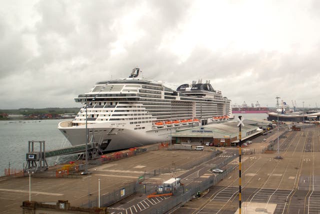 <p>The MSC Virtuosa, on which a 60-year-old man died, is seen berthed at the City Cruise Terminal in Southampton ahead of the first sailing of the brand new ship in 2021</p>