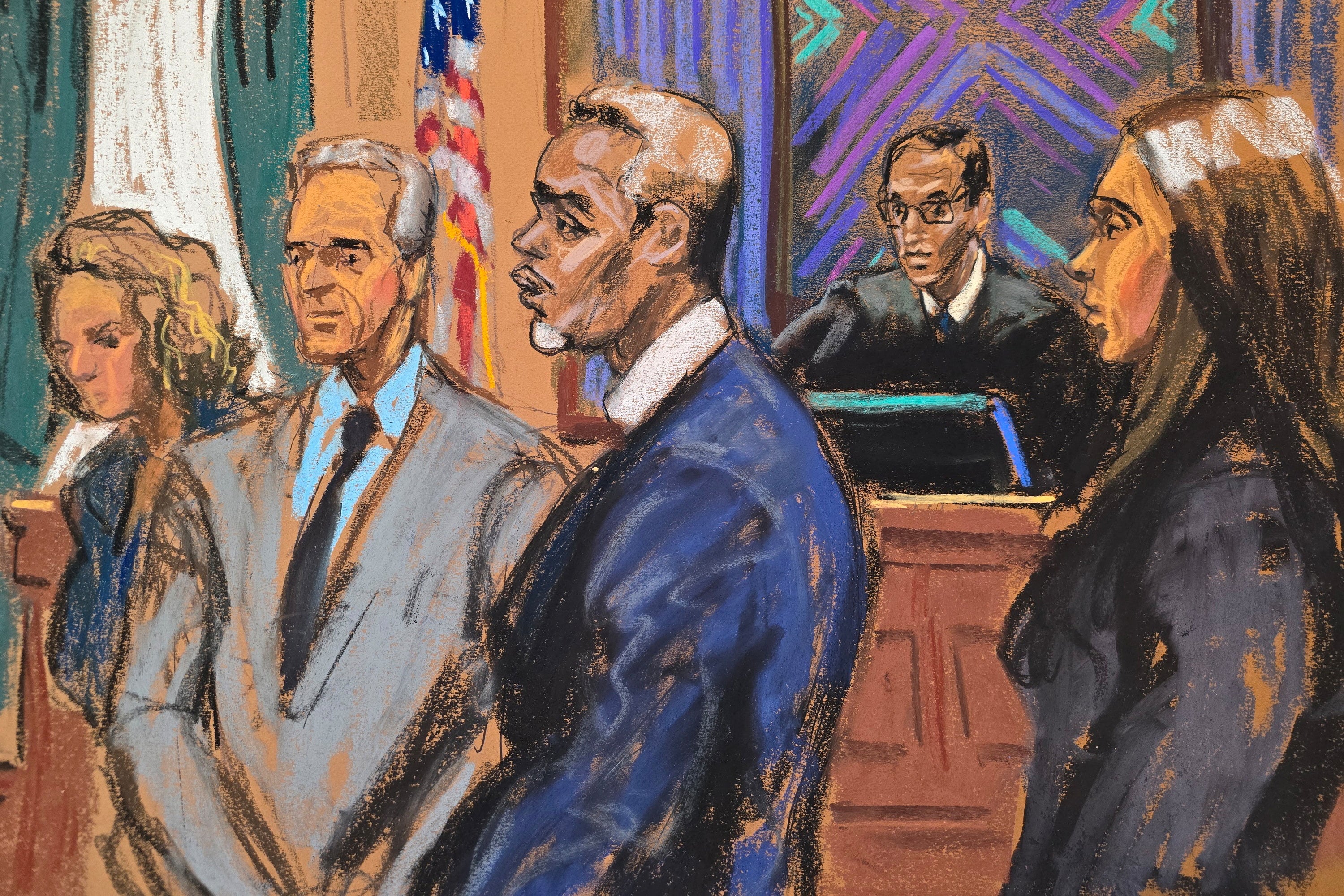 Sean 'Diddy' Combs stands with his attorneys before U.S. District Judge Arun Subramanian to observe the pool of potential jurors entering for his sex trafficking trial in New York