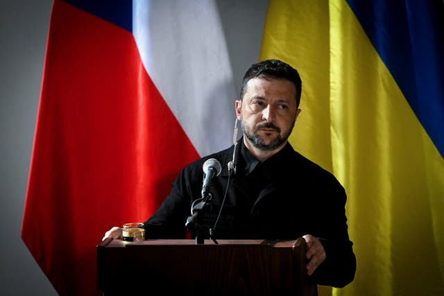 <p>Ukrainian president Volodymyr Zelensky addresses a press conference with his Czech counterpart in Prague Castle</p>