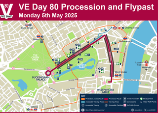 The official map of the VE Day procession and flypast, with the procession route marked in red