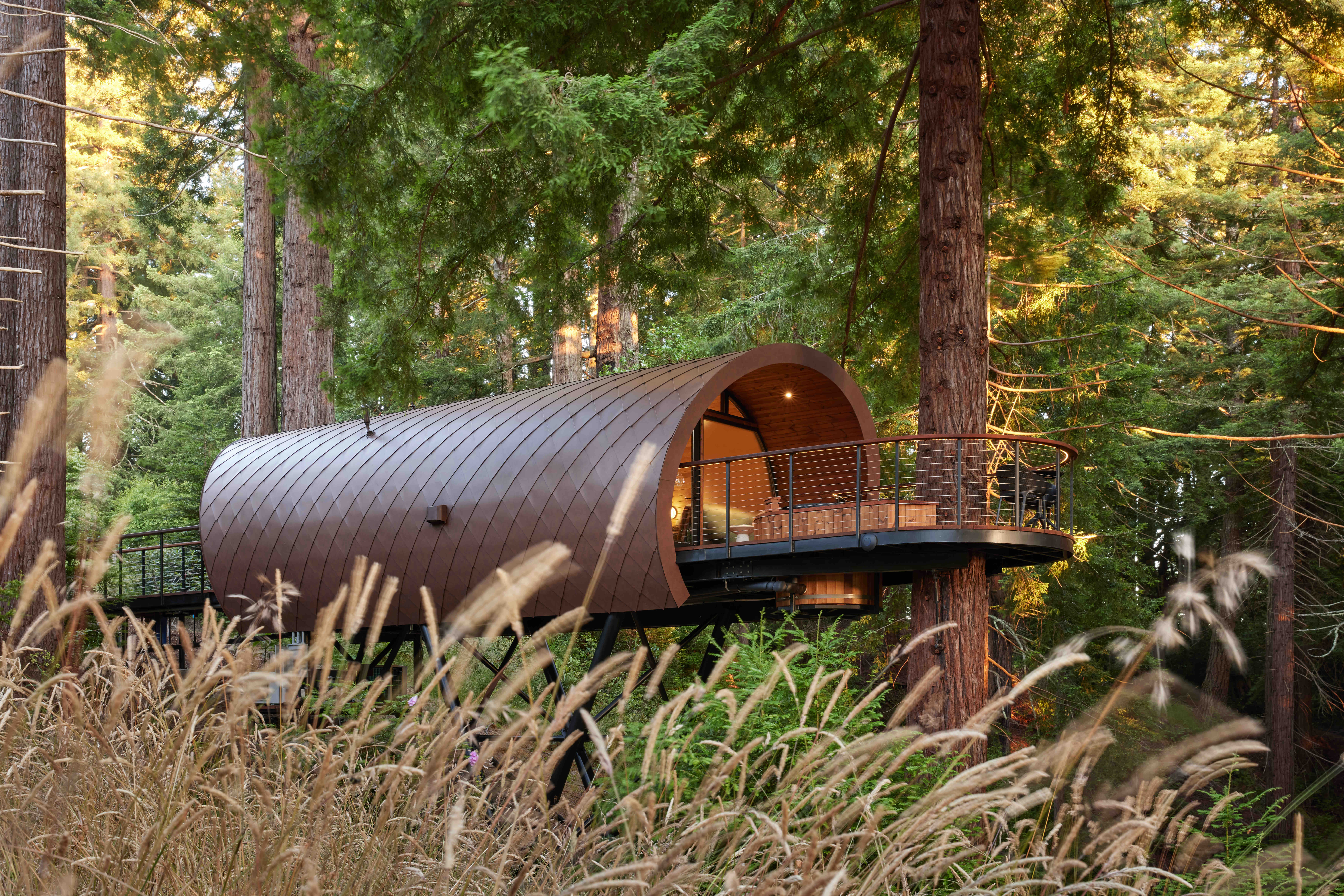 The 'Spyglass Treehouse' sits in proximity to rugged cliffs and pristine beaches